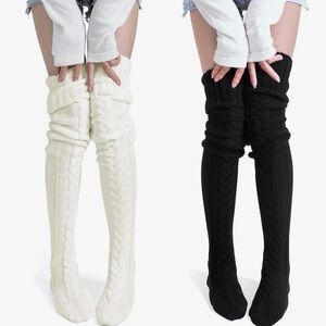 Elegant Cable Knit Over-the-Knee Socks - Cream and Black